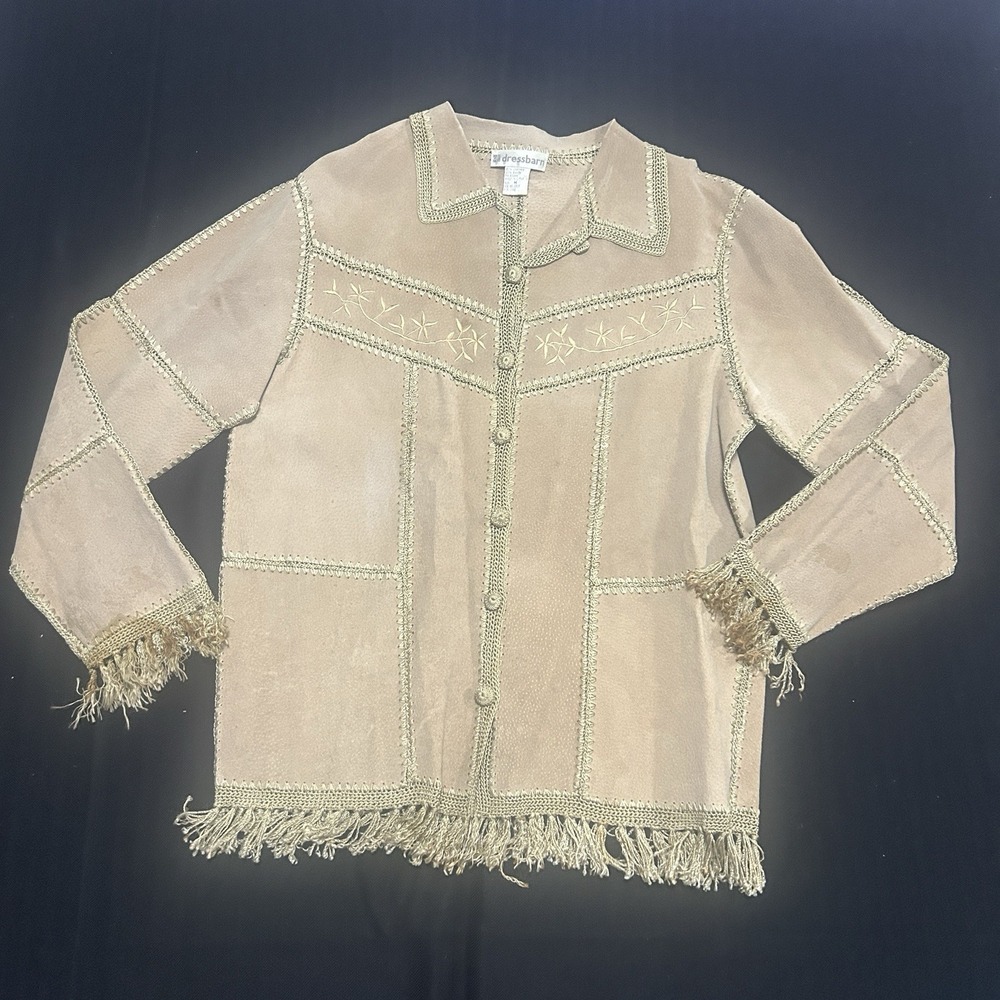 Dressbarn Fringe Leather Jacket Womens Medium Tassels Western Patchwork